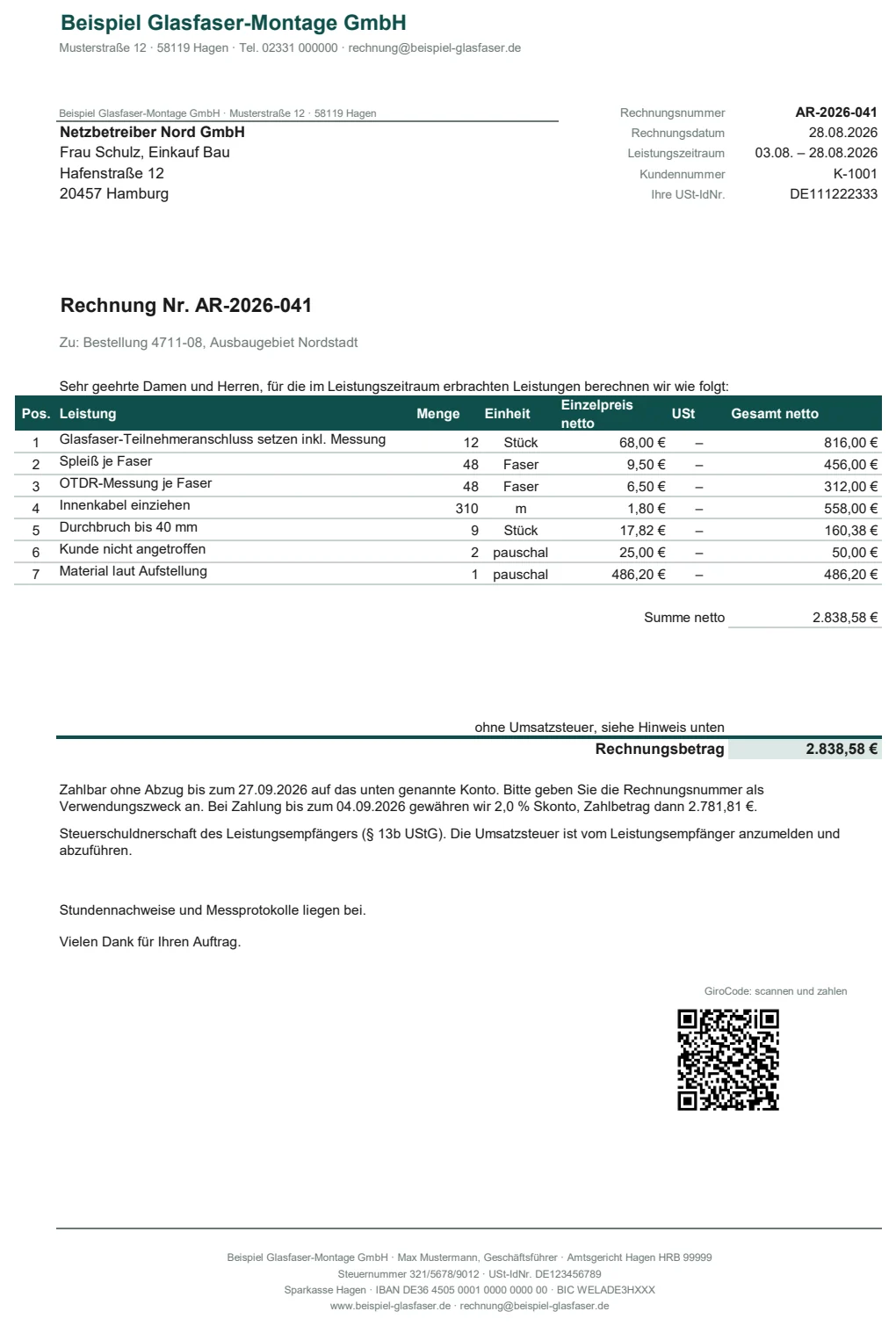 Rechnungsvorlage mit GiroCode und § 13b